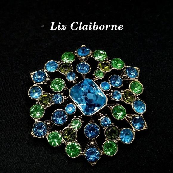 Vintage LIZ CLAIBORNE Green Blue Rhinestone Brooch, Snowflake Design, 2 Inches - Picture 1 of 7